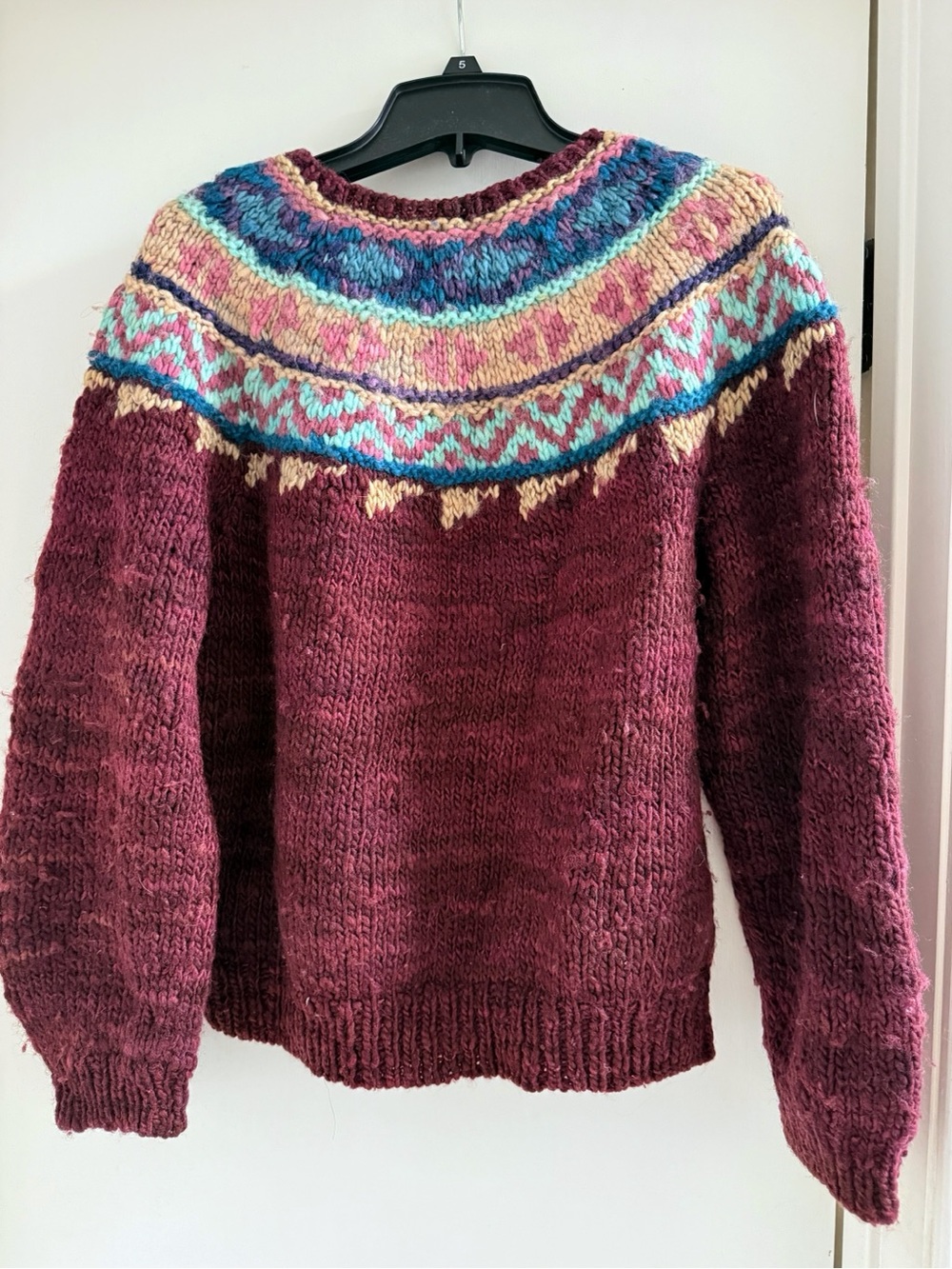 Maroon Fair Isle Yoke Crewneck Sweater. Vintage knit
